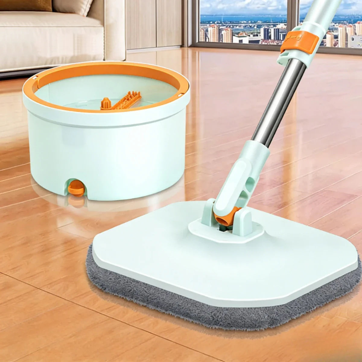 SimpluAcasa™ Set mop rotativ 360° cu galeata centrifuga — Confort Practic Pentru Casa Ta