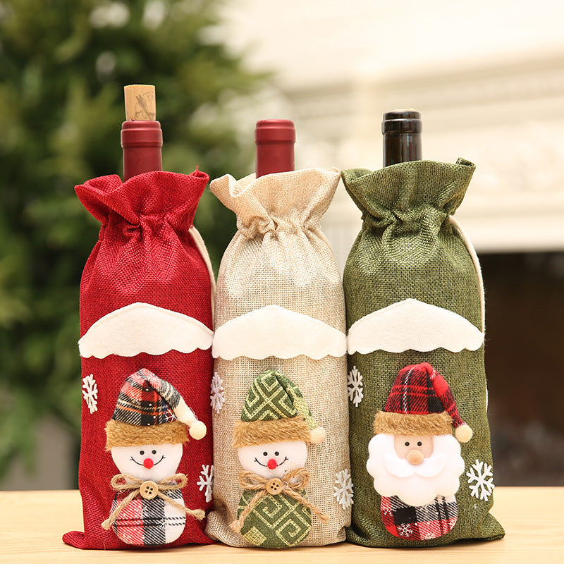 Husa pentru sticla de vin, decor de Craciun, om de zapada si mos craciun, 30x14cm Imagine principală a produsului