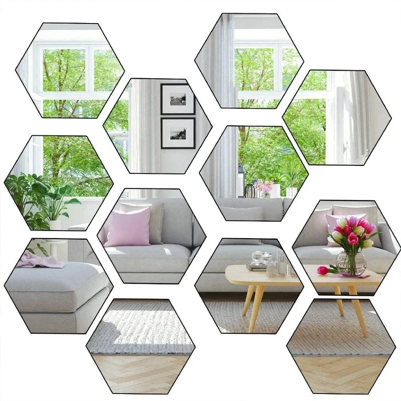 Set 12 oglinzi acrilice autoadezive decorative forma hexagon, diametru 7, 13, 20 si 23 cm Imagine principală a produsului