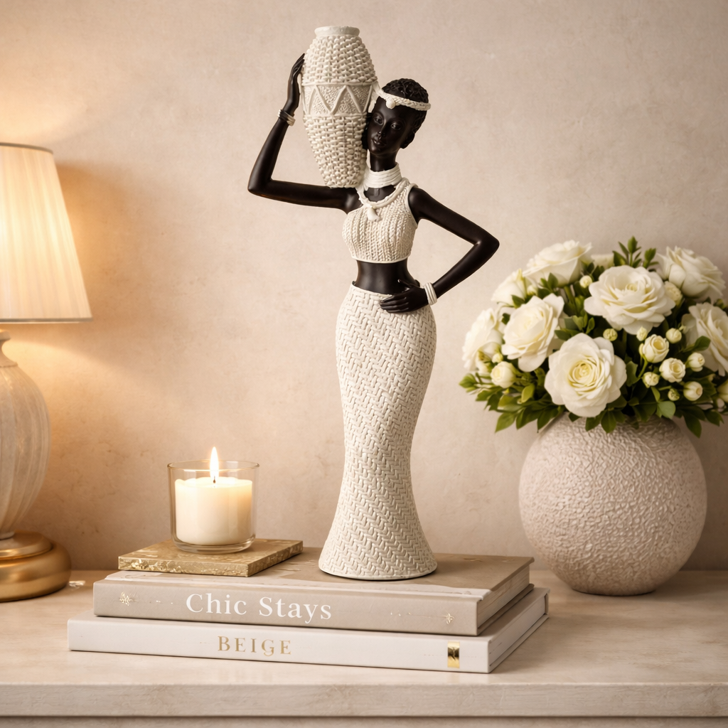 SimpluAcasa™ decorativa femeie africana cu vas — Confort Practic Pentru Casa Ta