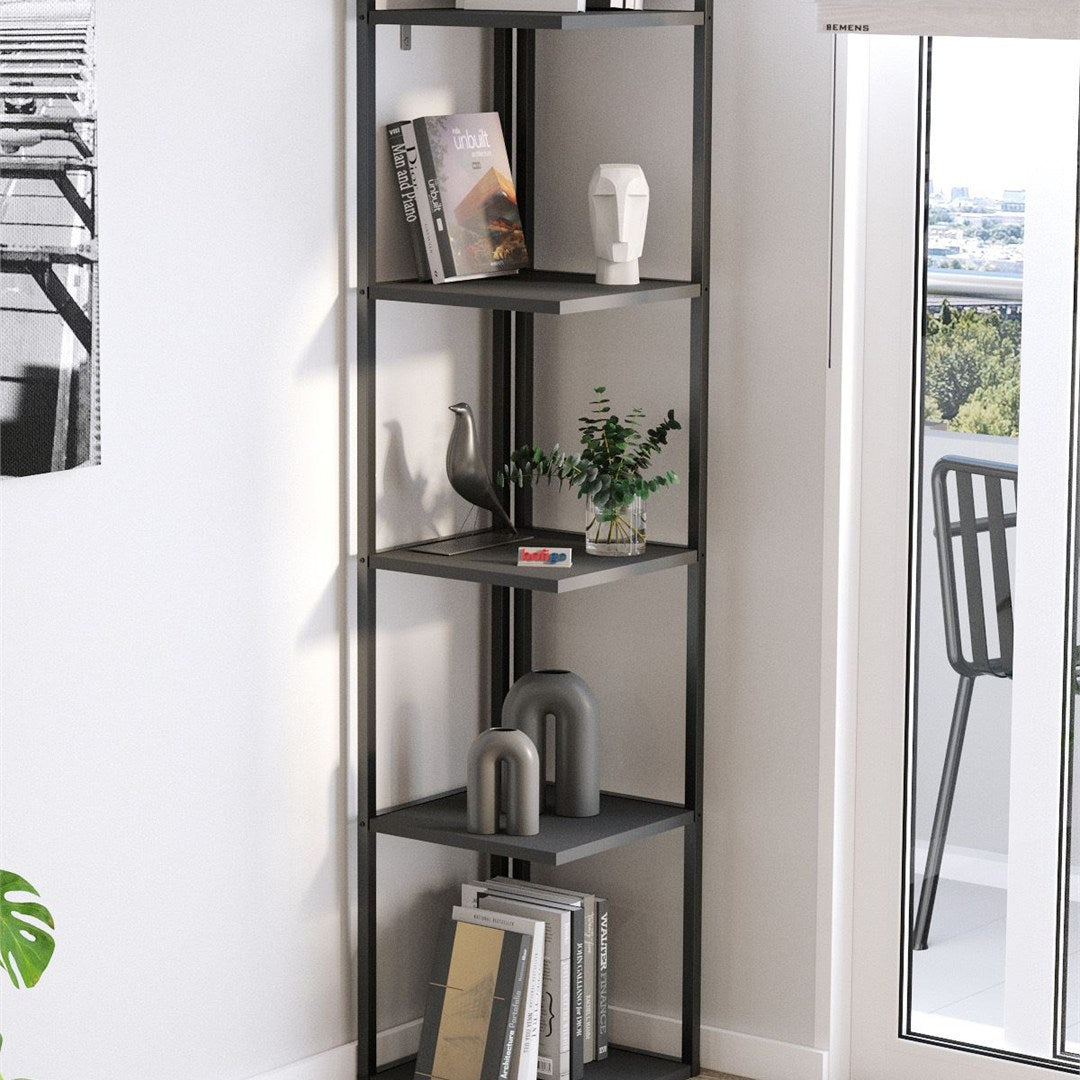 SimpluAcasa™ Biblioteca de colt Selanik cu 5 nivele etajera colt 60 — Confort Practic Pentru Casa Ta