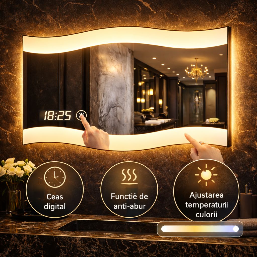 SimpluAcasa™ Oglinda LED 60 x 80 cm cu Design Ondulat — Confort Practic Pentru Casa Ta