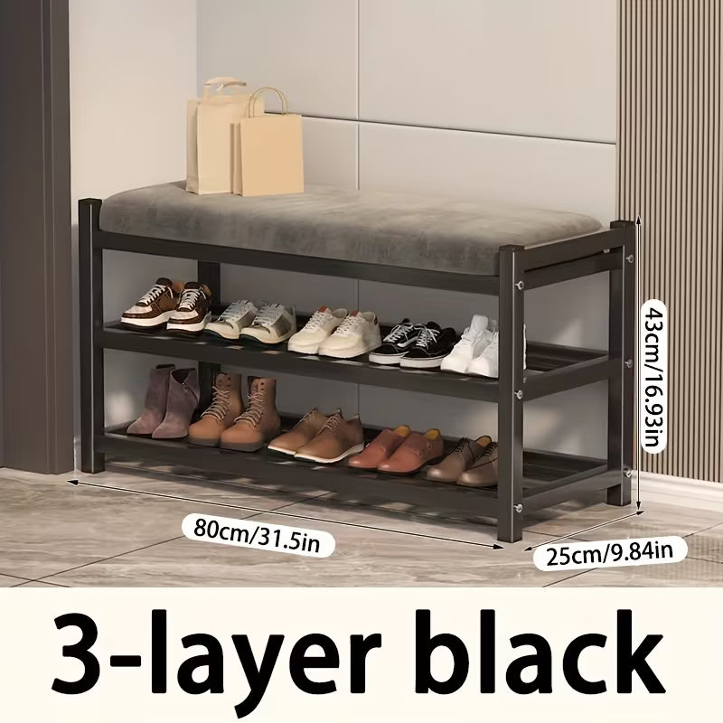 SimpluAcasa™ Bancuta suport pantofi metalica cu 3 rafturi si sezut tapitat — Confort Practic Pentru Casa Ta