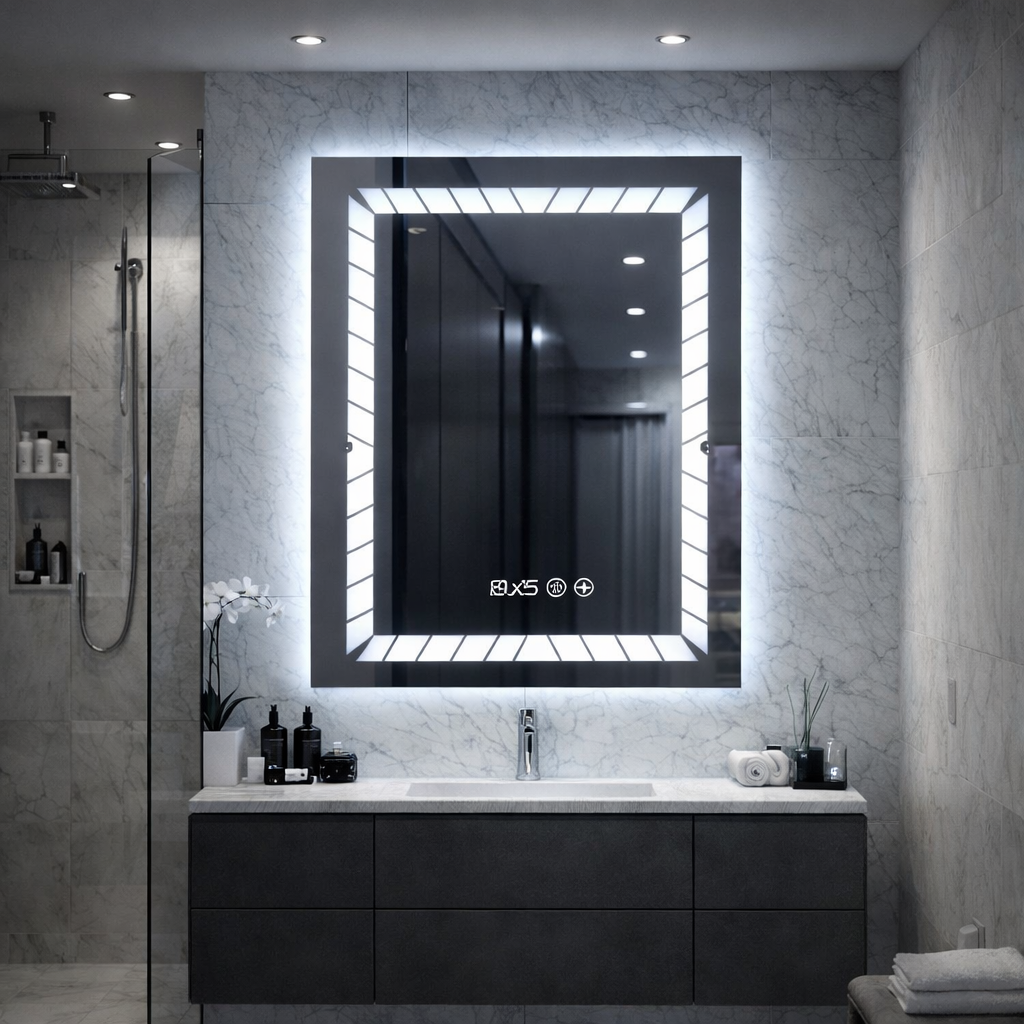 SimpluAcasa™ Oglinda LED cu ceas digital si dezaburire — Confort Practic Pentru Casa Ta