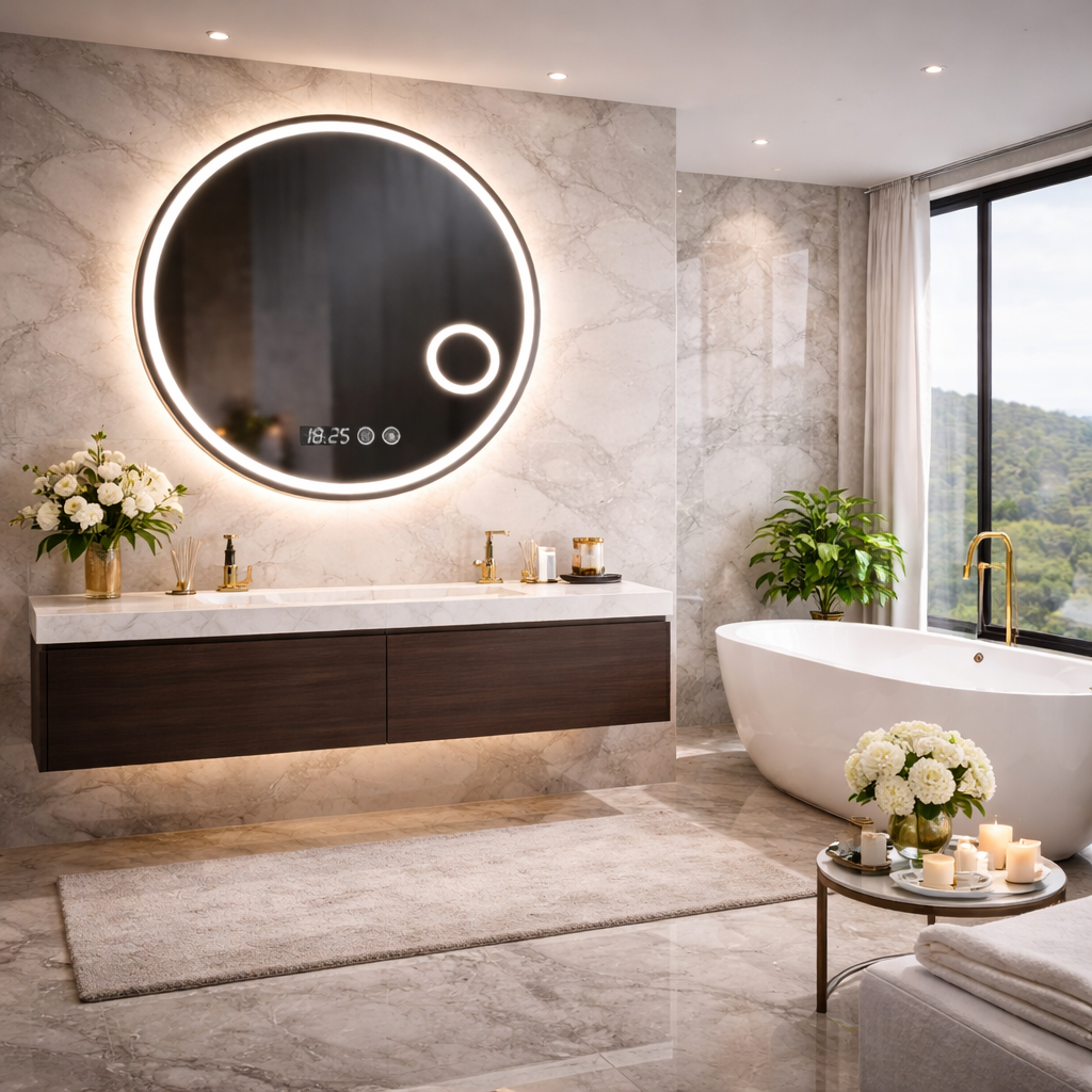 SimpluAcasa™ Oglinda LED Rotunda 70 cm cu Ceas — Confort Practic Pentru Casa Ta