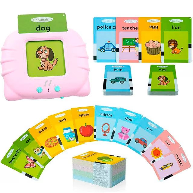 Jucarie educativa Montessori, Set masina de invatare limba engleza cu cititor de carduri, 112 bucati carduri flash 224 de cuvinte, 2 ani+ Imagine principală a produsului