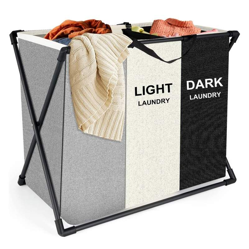 Cos de rufe murdare cu 3 compartimente, pliabil, pentru sortare si organizare haine la baie, material textil, cadru aluminiu, dimensiuni 62 x 34 x 56 cm Imagine principală a produsului