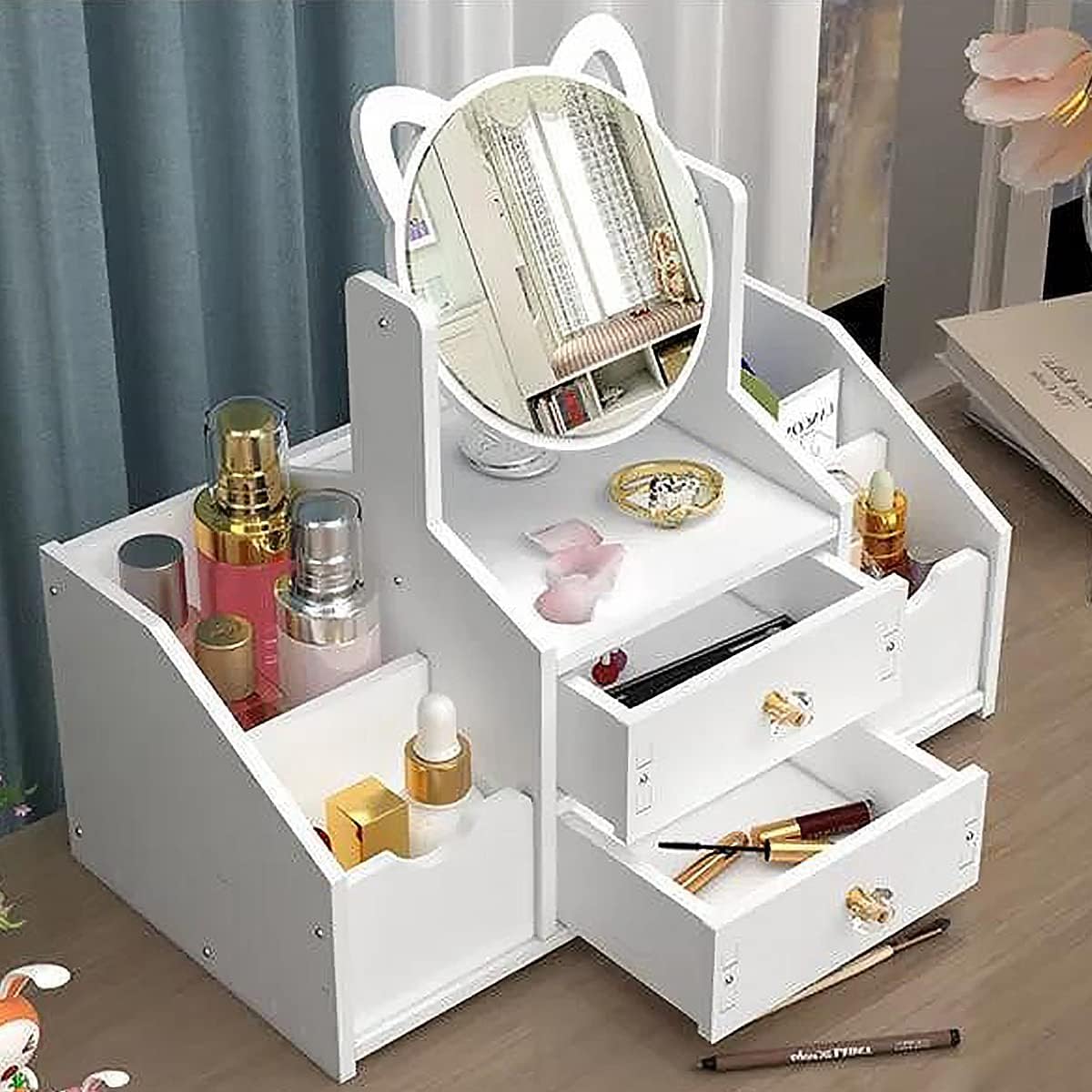Organizator alb pentru cosmetice și bijuterii, cu sertare si oglinda, PVC 40 x 20 x 14 cm Imagine principală a produsului