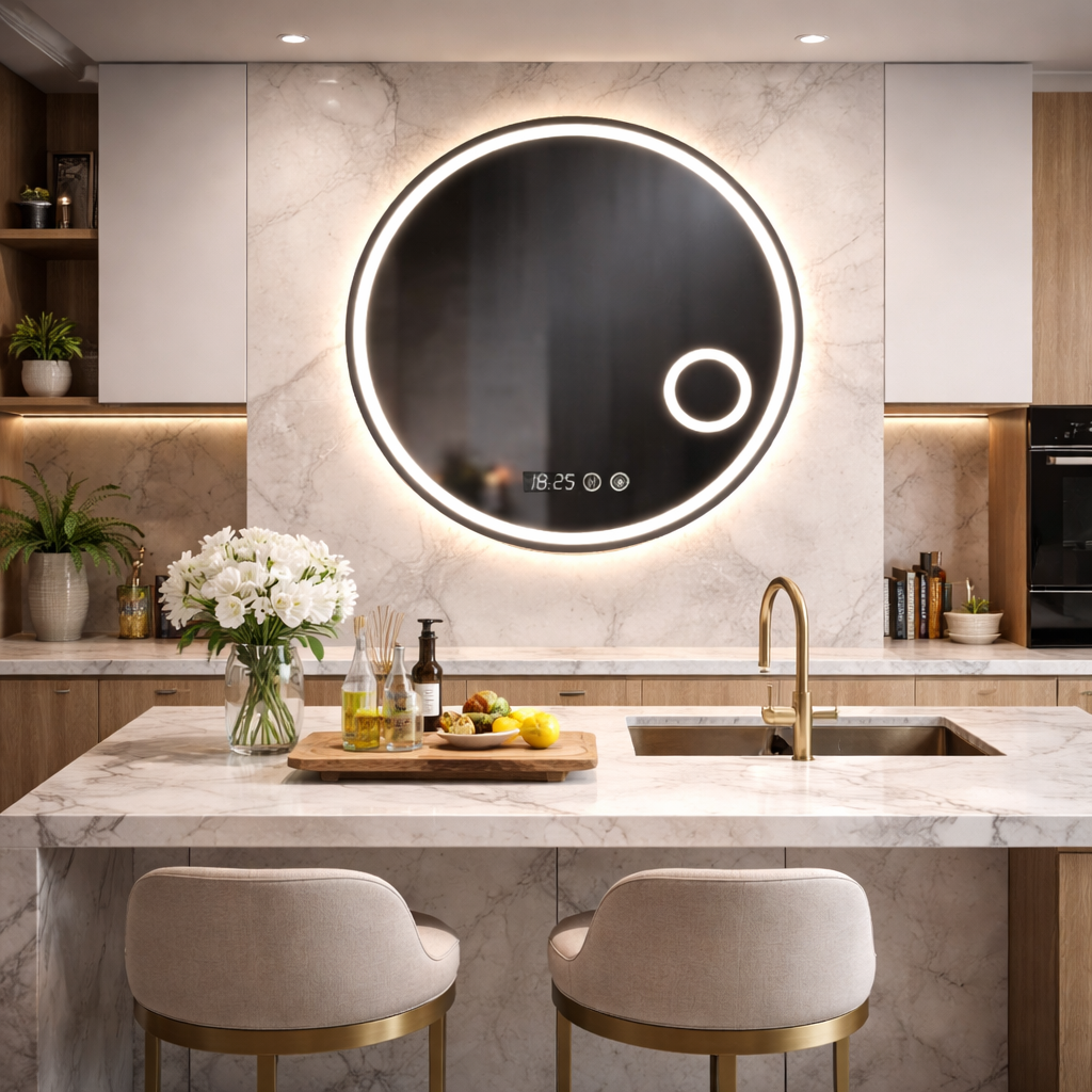 SimpluAcasa™ Oglinda LED Rotunda 70 cm cu Ceas — Confort Practic Pentru Casa Ta