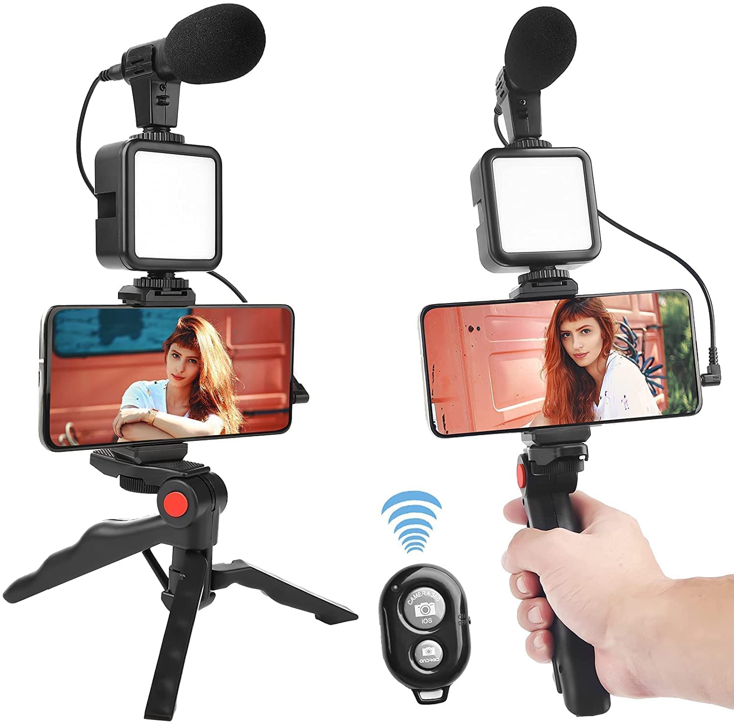 Suport telefon cu lampa LED, microfon si trepied, pentru vloggeri, KD4920 Imagine principală a produsului
