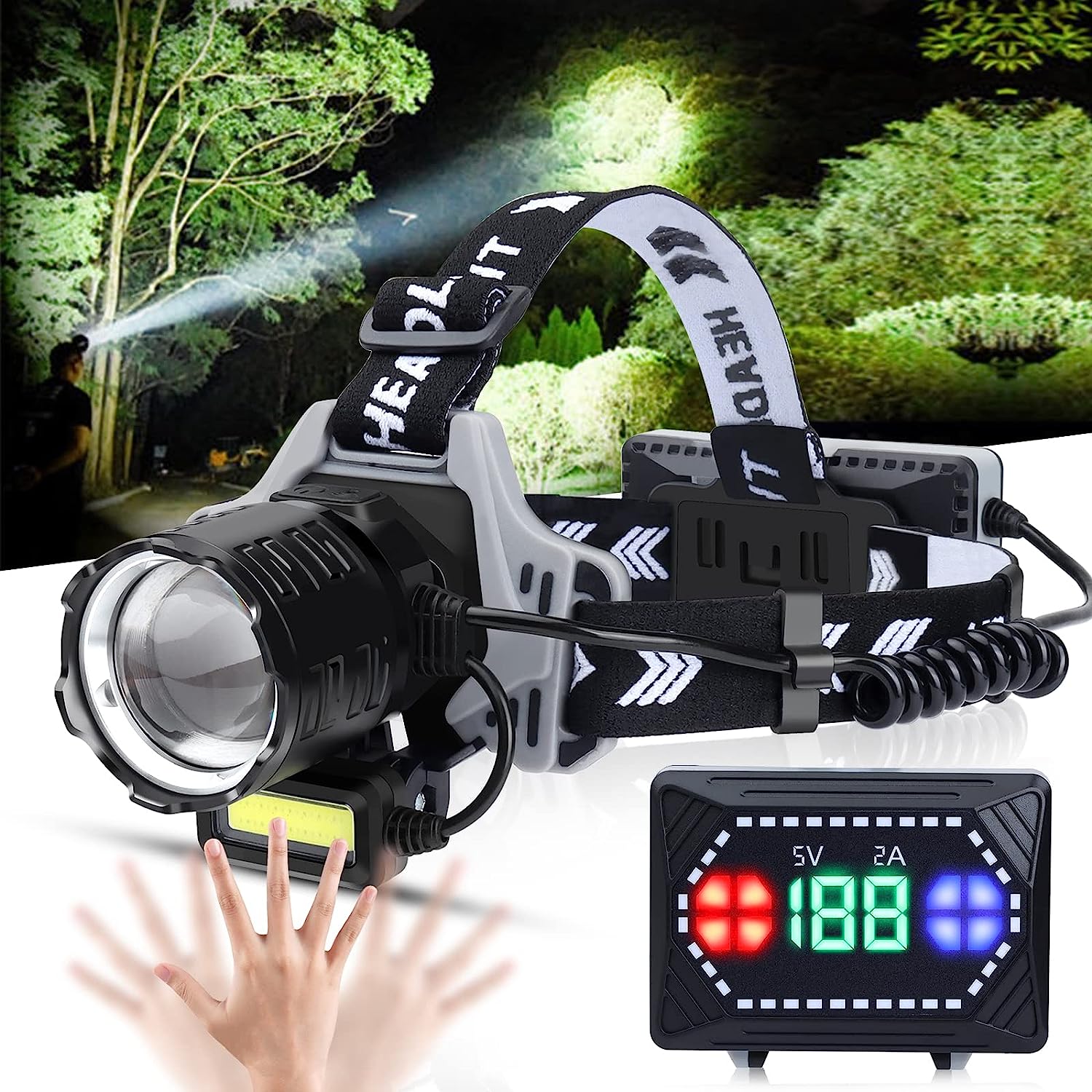 Lanterna Frontală LED 30W Super Puternică 120.000 Lumeni, Zoom, USB, 8 Moduri, Senzor Mișcare Imagine principală a produsului