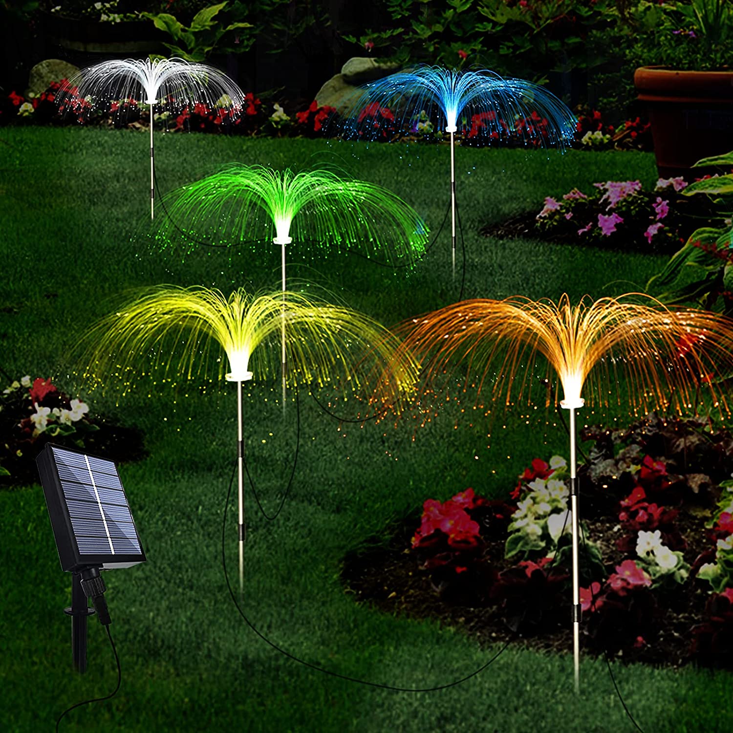 Set 2 x Lampa solara  tip palmier cu fibra optica LED RGB, pentru gradina Imagine principală a produsului