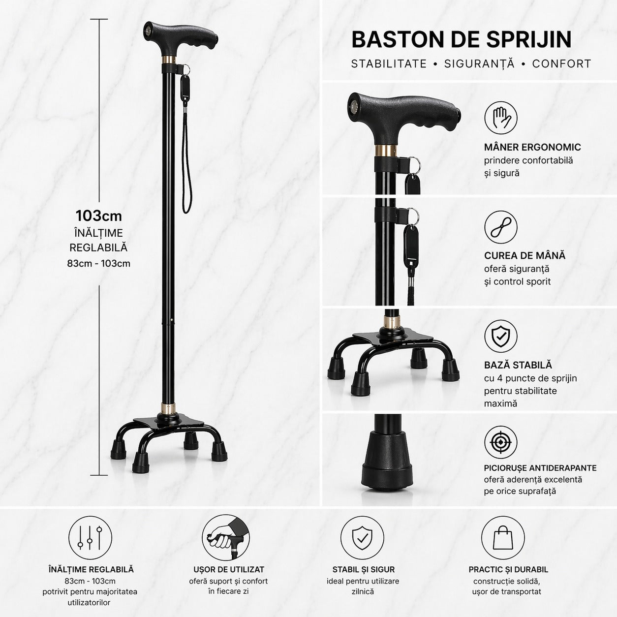 SimpluAcasa™ Baston de sprijin reglabil cu 4 puncte de sustinere — Mai Mult Confort Oriunde