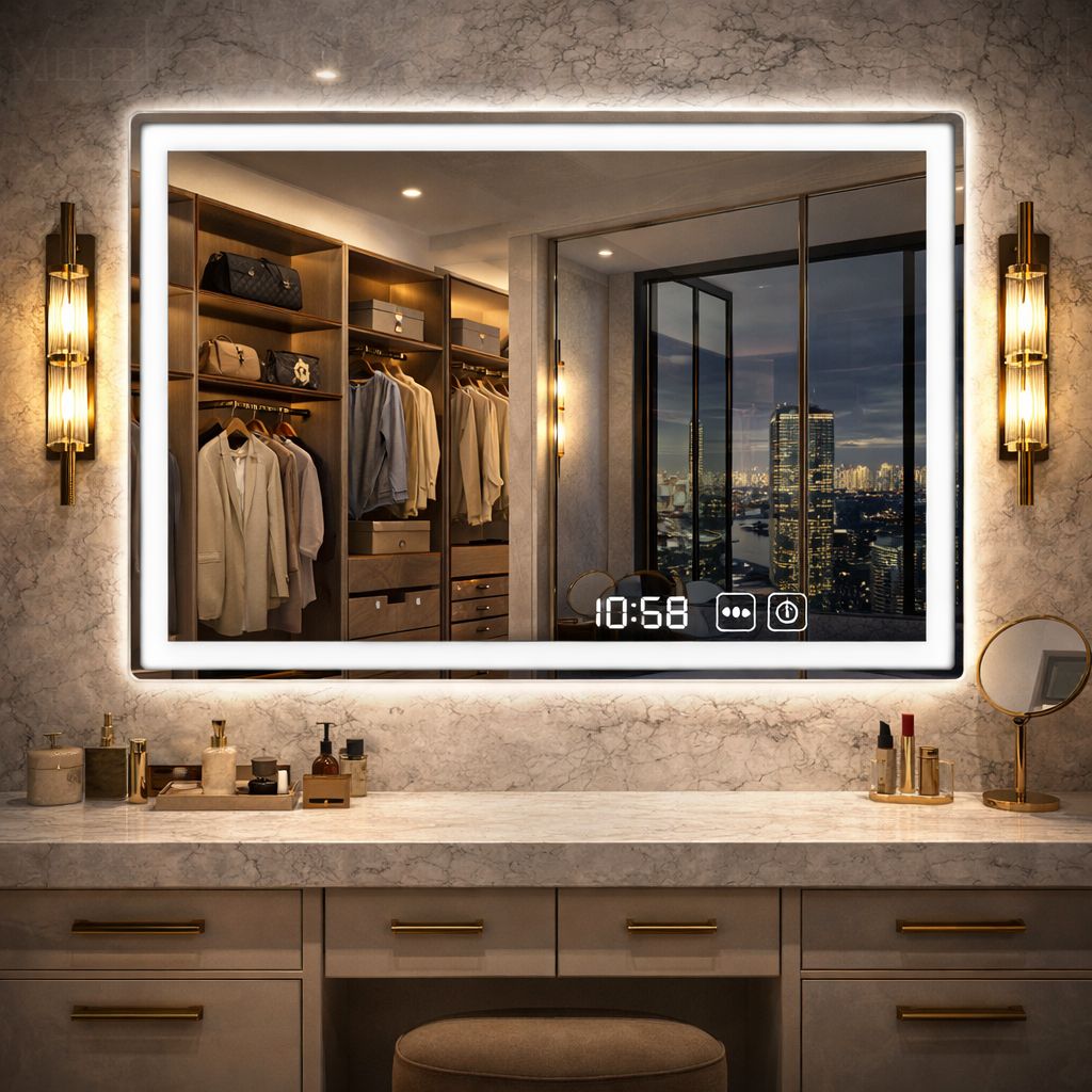 SimpluAcasa™ Oglinda LED 90 x 70 cm cu Afisaj Digital si — Confort Practic Pentru Casa Ta