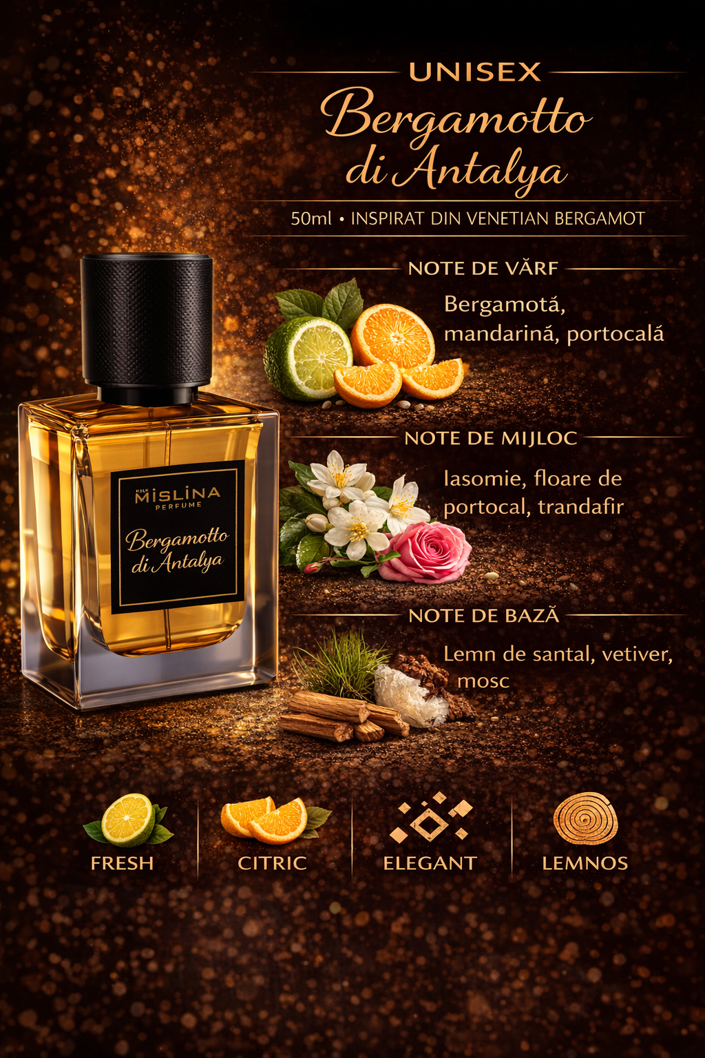 Parfum Mislina Unisex Bergamotto di Antalya 50ml, inspirat din Tom Ford Venetian Bergamot, M102 Imagine secundară a produsului