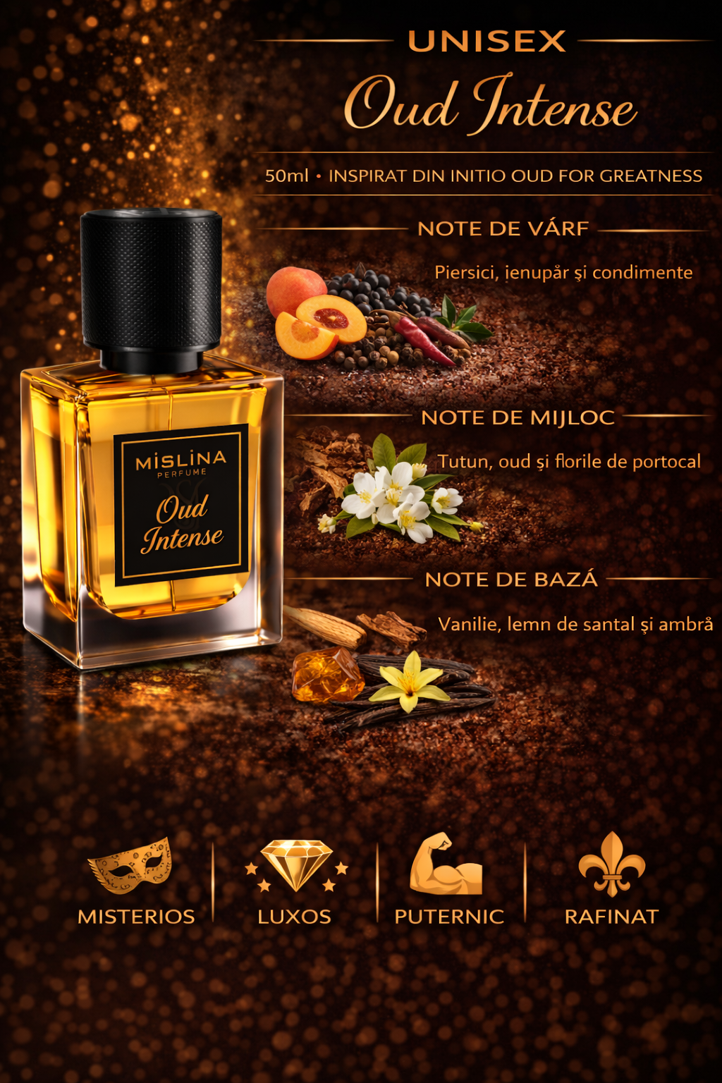 Parfum Mislina Unisex Oud Intense 50ml, inspirat din Tabaco Oud, M068 Imagine secundară a produsului