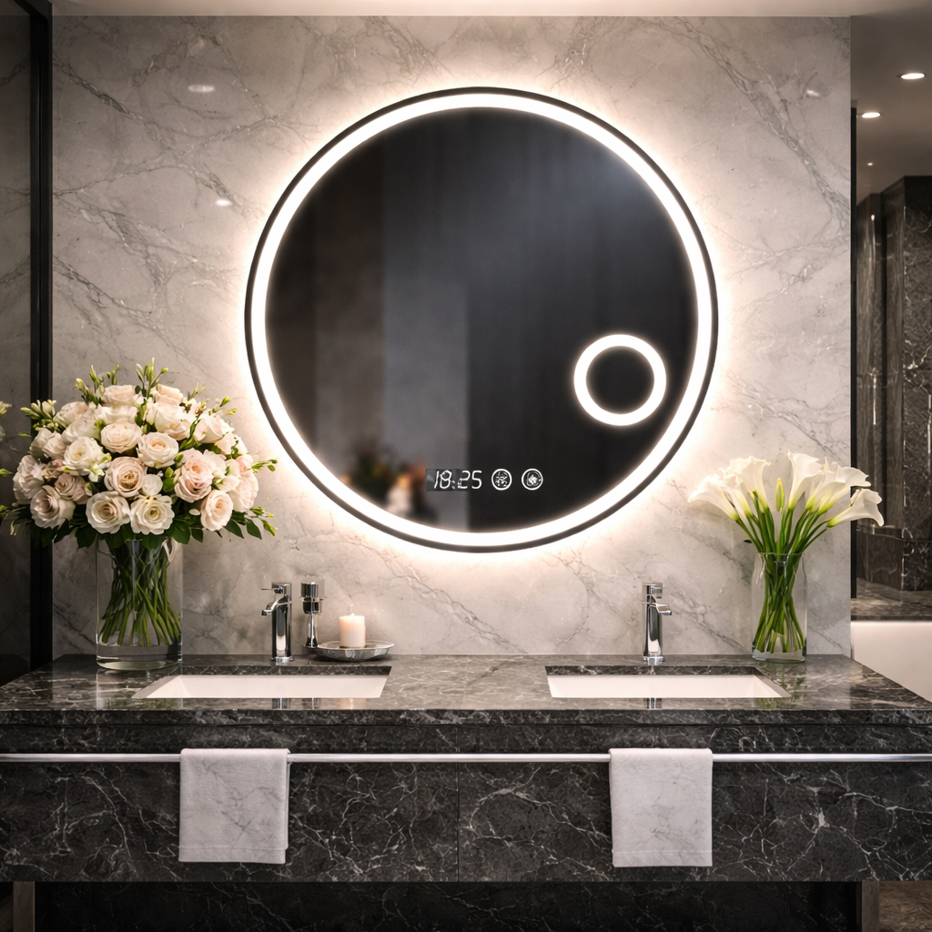 SimpluAcasa™ Oglinda LED Rotunda 70 cm cu Ceas — Confort Practic Pentru Casa Ta