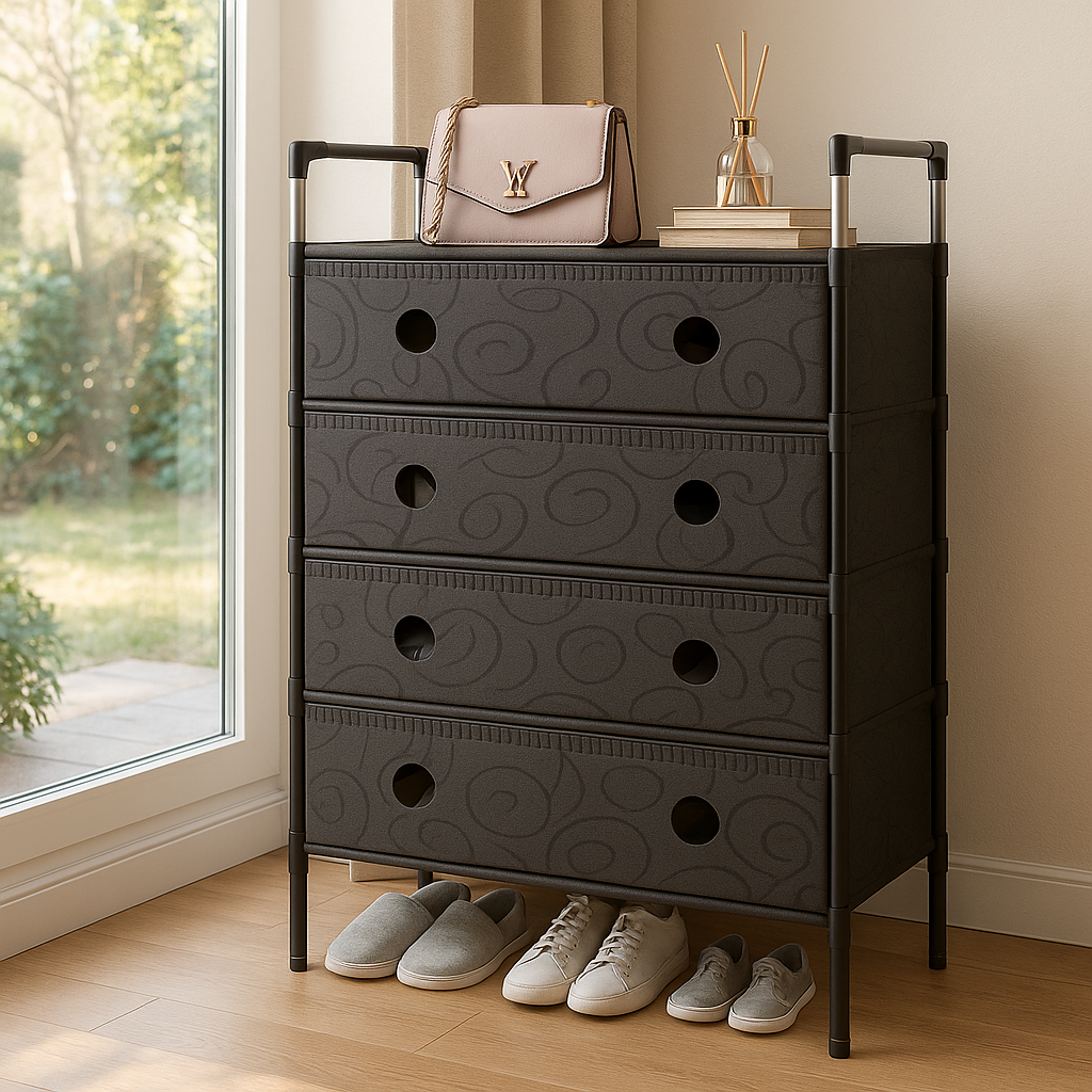 SimpluAcasa™ Pantofar Organizator 5 Niveluri cu Sertare Textile Design Modern Negru — Confort Practic Pentru Casa Ta
