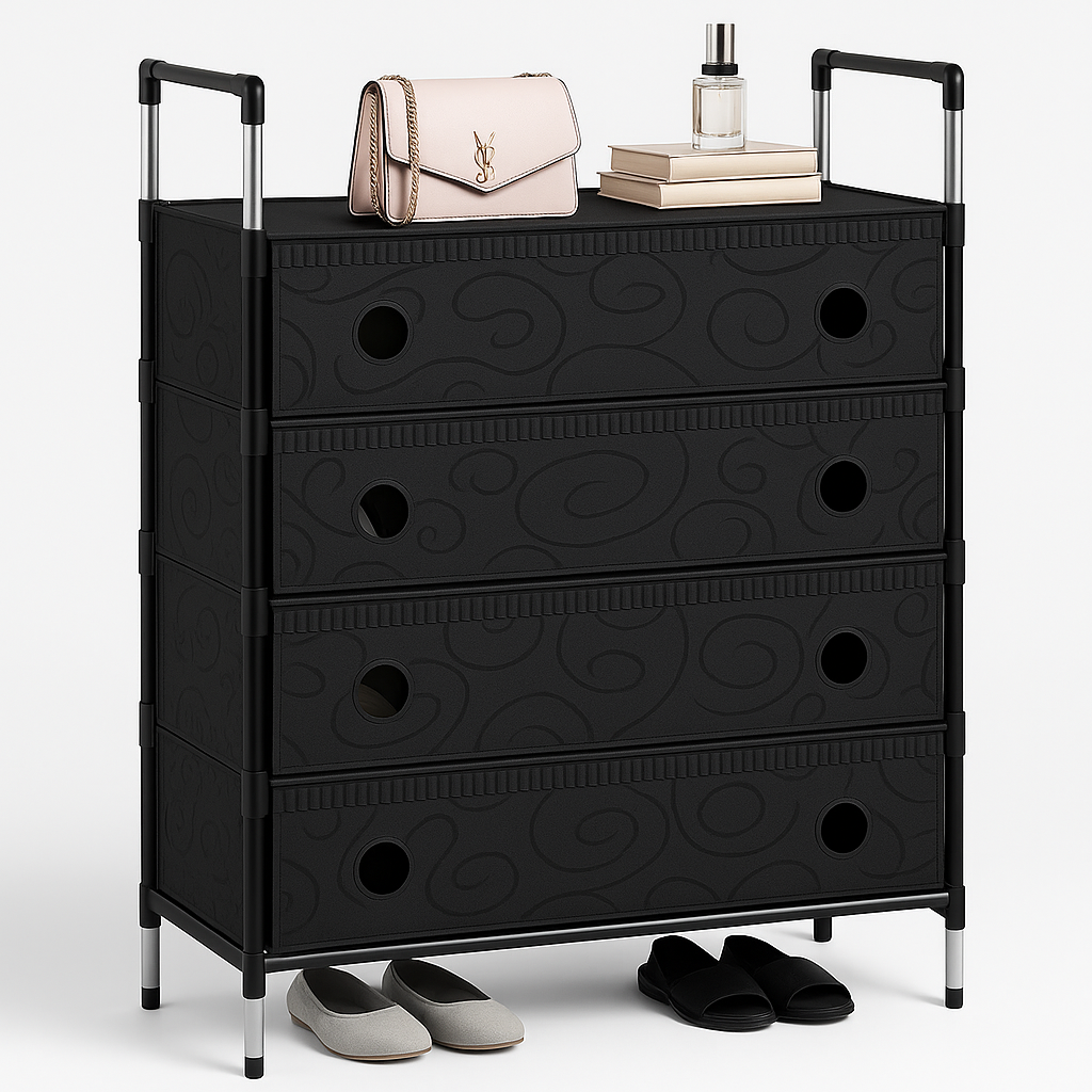 SimpluAcasa™ Pantofar Organizator 5 Niveluri cu Sertare Textile Design Modern Negru — Confort Practic Pentru Casa Ta
