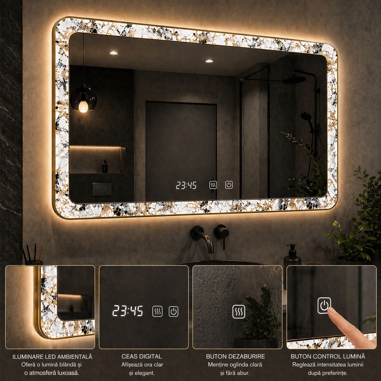 SimpluAcasa™ Oglinda LED 90x70 cu pe Margini Iluminare Ambientala Touch Dezaburire — Confort Practic Pentru Casa Ta