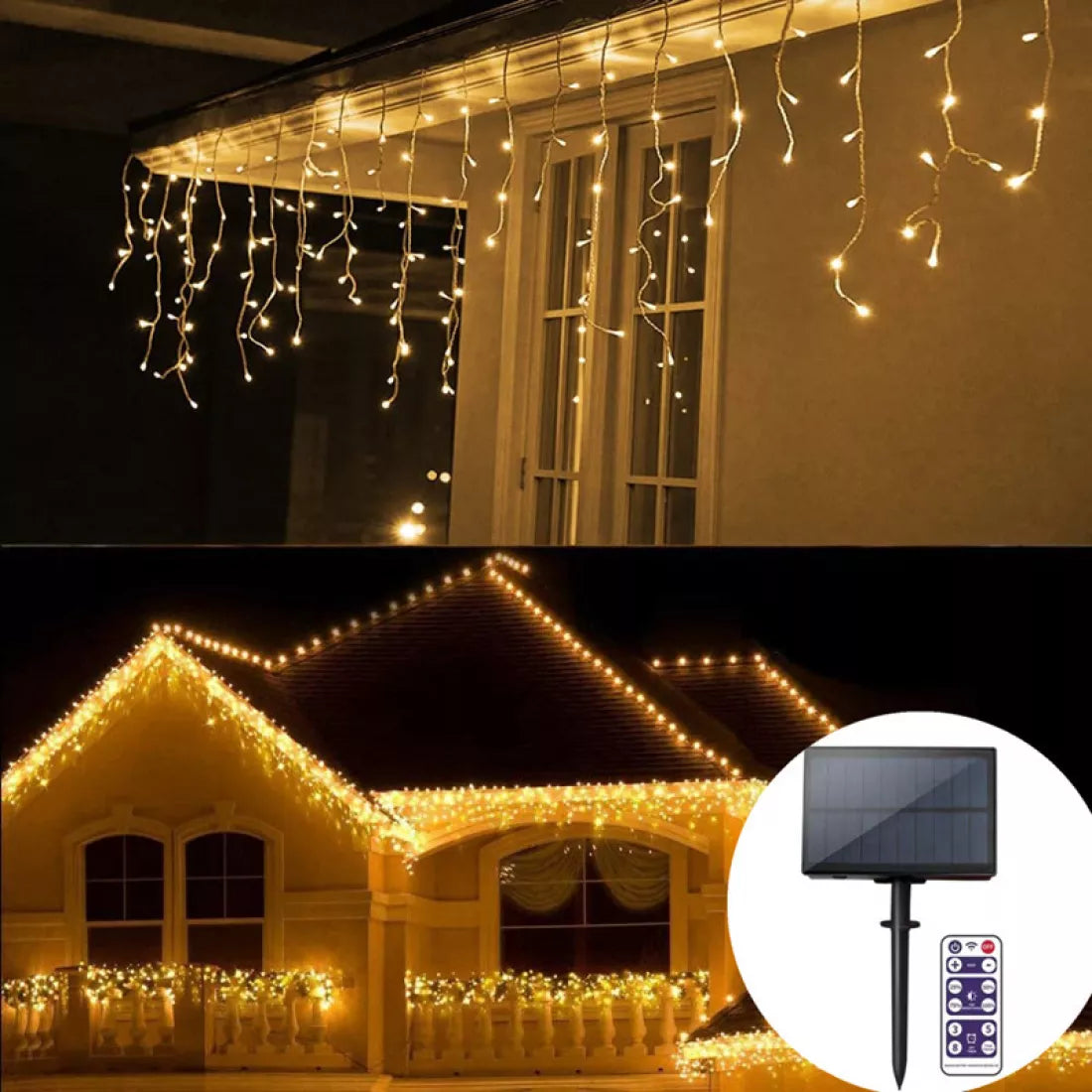 Instalatie Craciun 13 metri turturi, franjuri inegali cu 300 LED-uri, alimentare solara Imagine principală a produsului