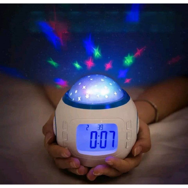 Ceas muzical de birou cu alarma, termometru si calendar, proiectare cu stelute, 10 cm Imagine principală a produsului